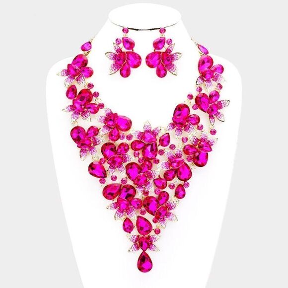Pink Crystal Teardrop Leaf Cluster Collar Necklace Set NWT - Picture 4 of 6